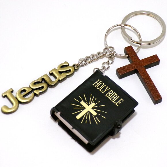 ReneeLily Accessories - JESUS Bible & Cross Keychain Brushed Gold Metal
